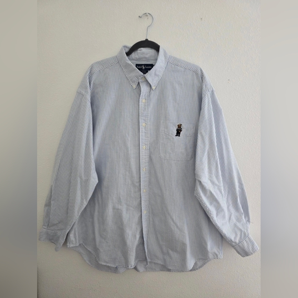 Vintage 90s Ralph Lauren Blaire Shirt Polo Bear On Front Pocket Striped Sz XXL